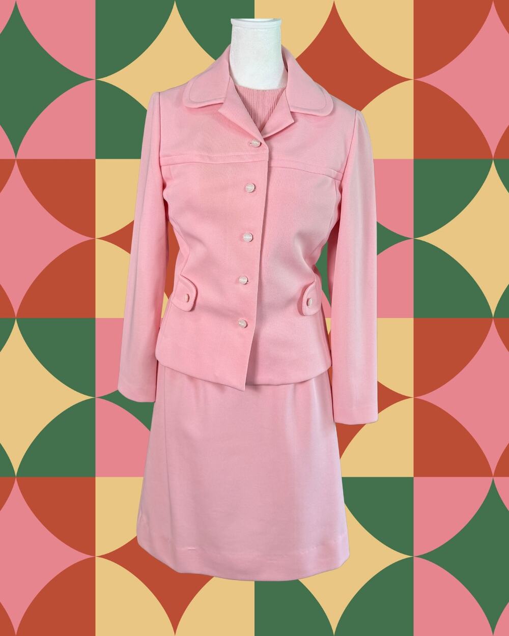 Vintage 60s 70s Leslie Fay Pastel Pink Dress Set 2pc Blazer Skirt Set S/M